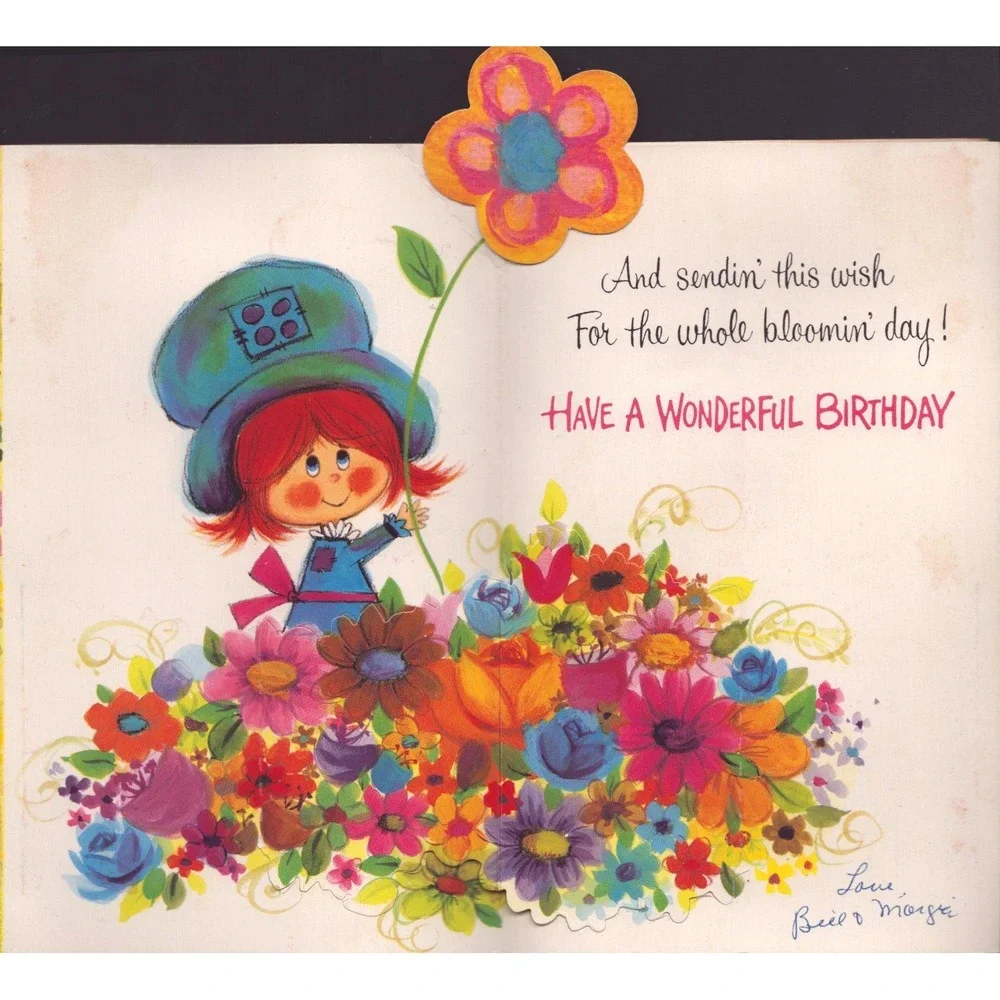 Vintage 1960s American Greetings Sister Birthday Card Floral Girl in Hat